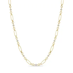 14K Gold Mixed Media Paperclip and Rolo Chain with 13 Diamonds