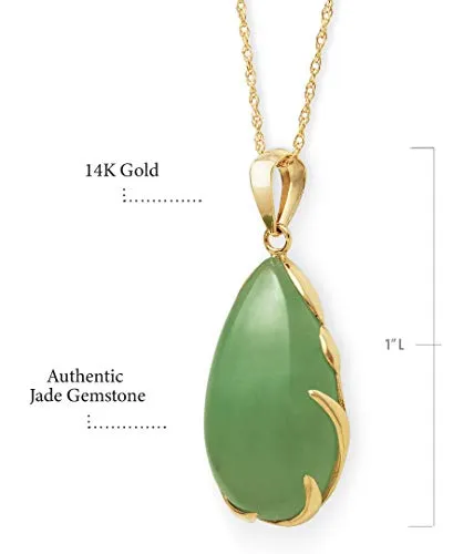 14k Gold Natural Jade Teardrop Necklace Pendant, 18 inch