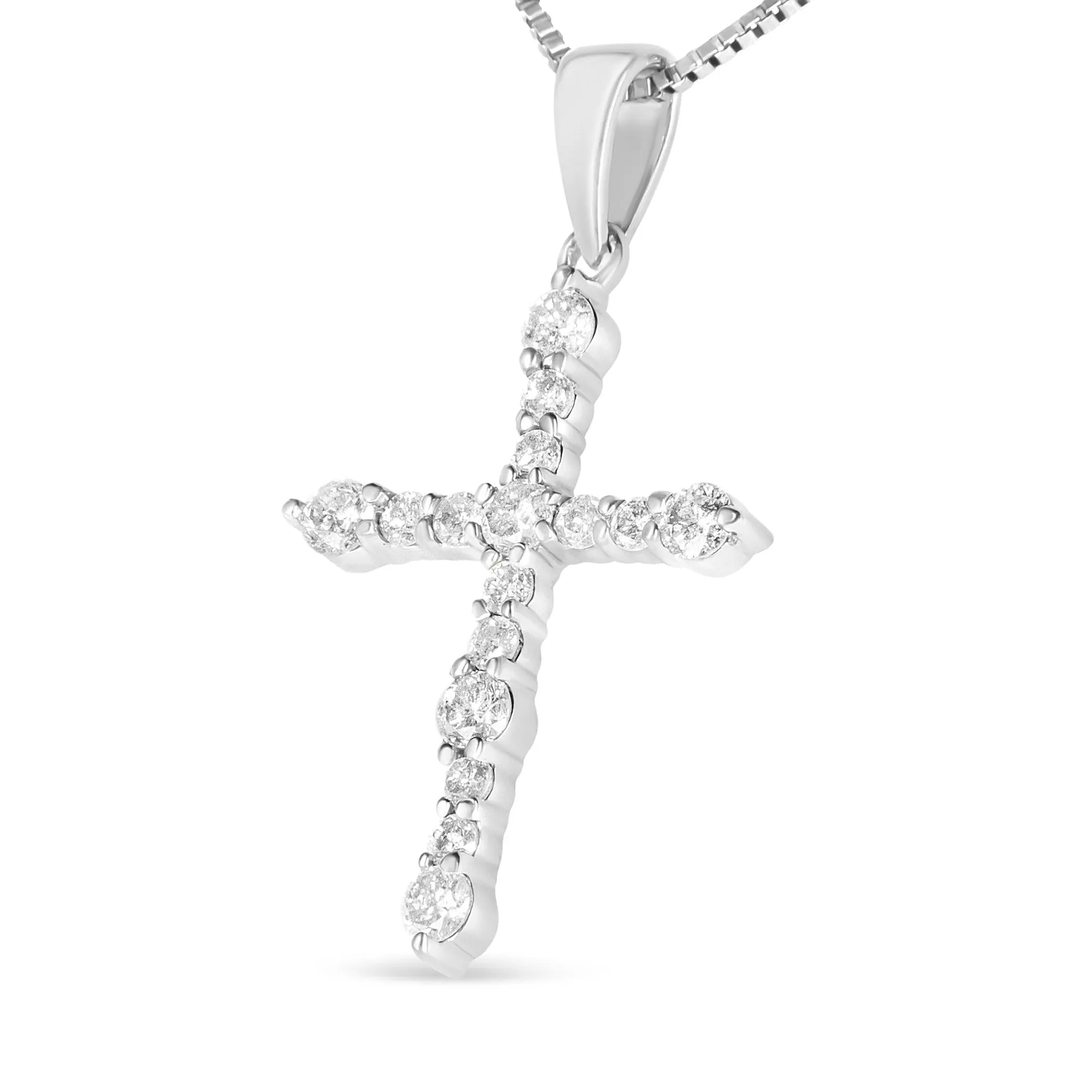 .925 Sterling Silver 1/2 Cttw Round Diamond Cross Pendant 18" Necklace (I-J Color, I1-I2 Clarity)