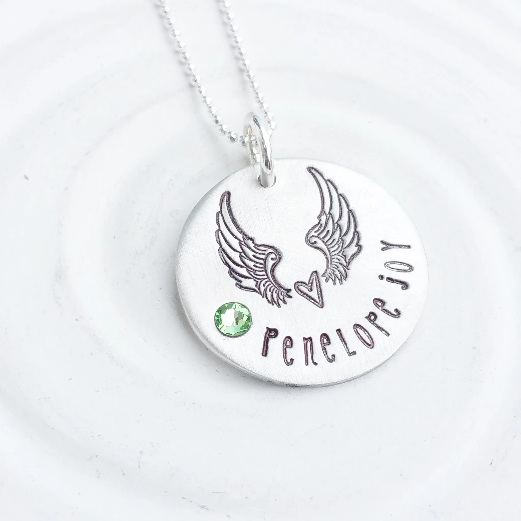 Angel Wings Birthstone Heart Necklace | Angel Baby Necklace