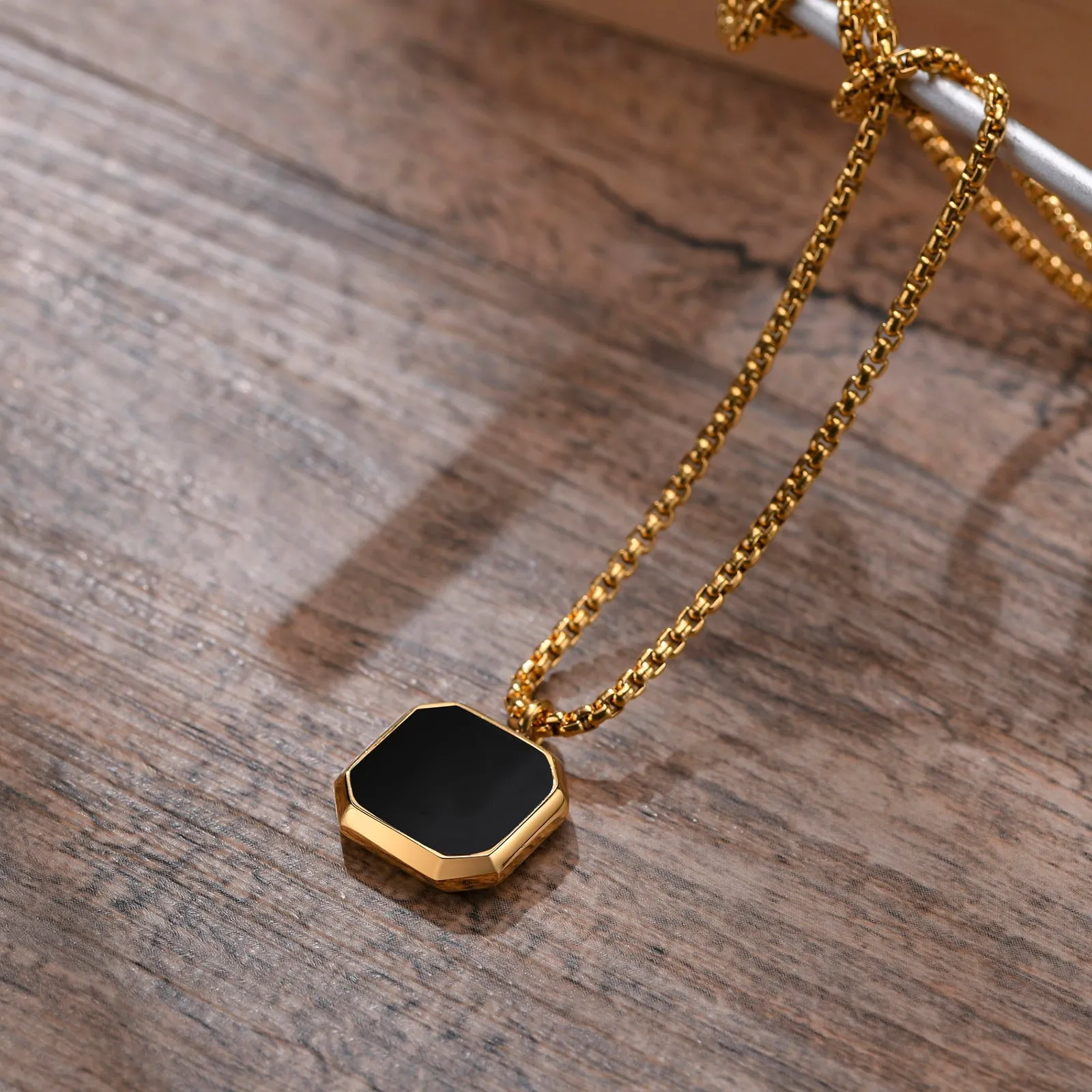 Black Square Necklace for Men Stainless Steel Geometric Pendant