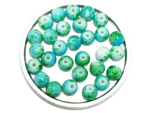 Blue & Green Spherical Spotted Glass Pearls