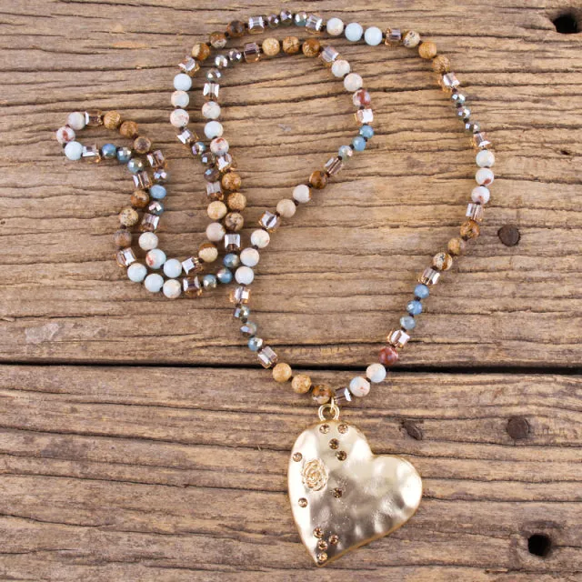 Bohemian Jewelry Accessory 6mm Multi Natural Stones /Crystal Knotted Metal Heart Pendant Necklaces For Women Gift