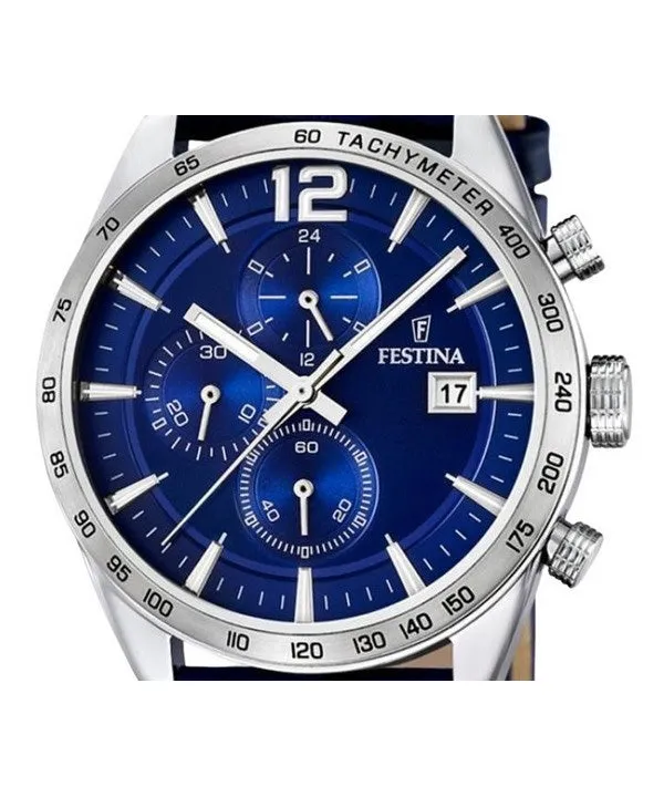 Festina Timeless Chronograph Leather Strap Blue Dial Quartz F16760-3 Men's Watch