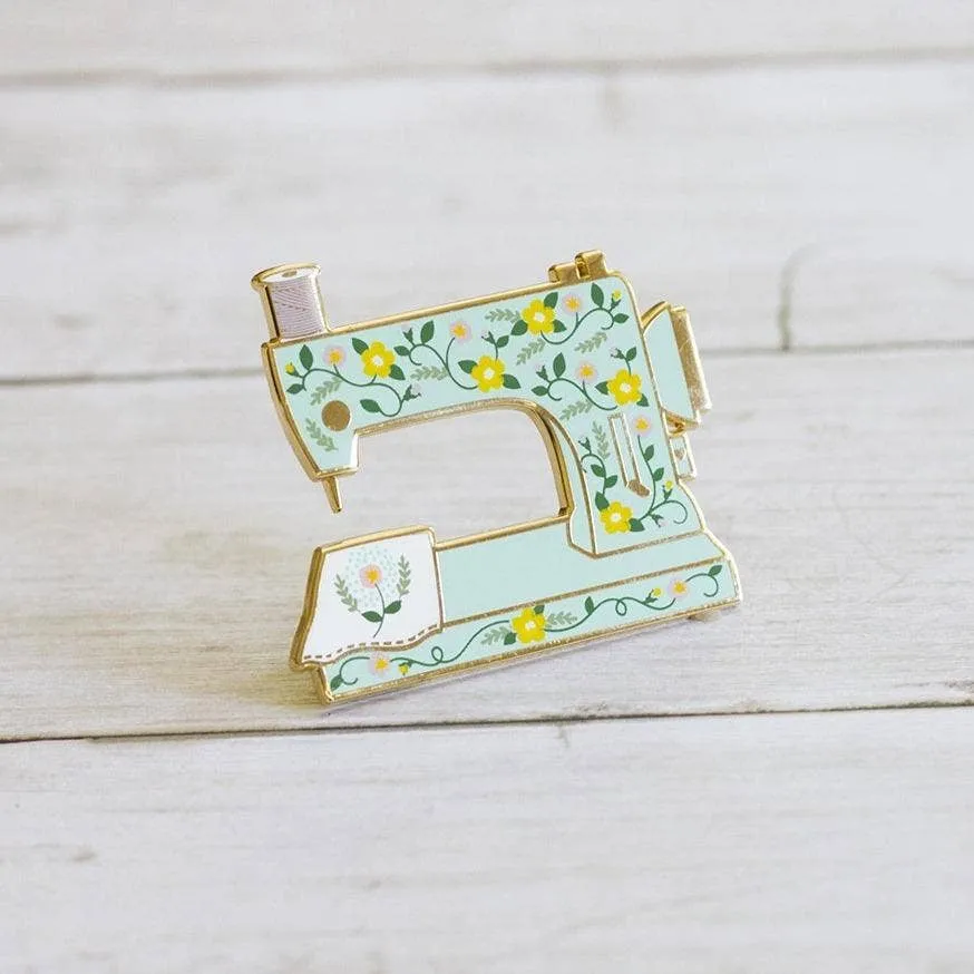 Floral Sewing Machine Interactive Enamel Pin, Sewing Gift