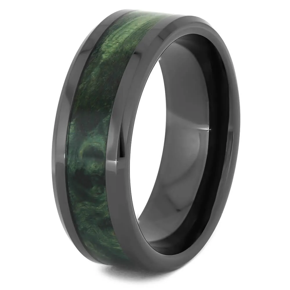 Green Burl Wood Wedding Band in Black Ceramic