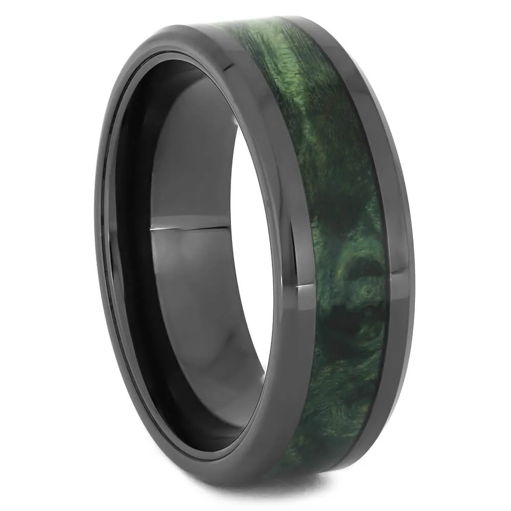 Green Burl Wood Wedding Band in Black Ceramic