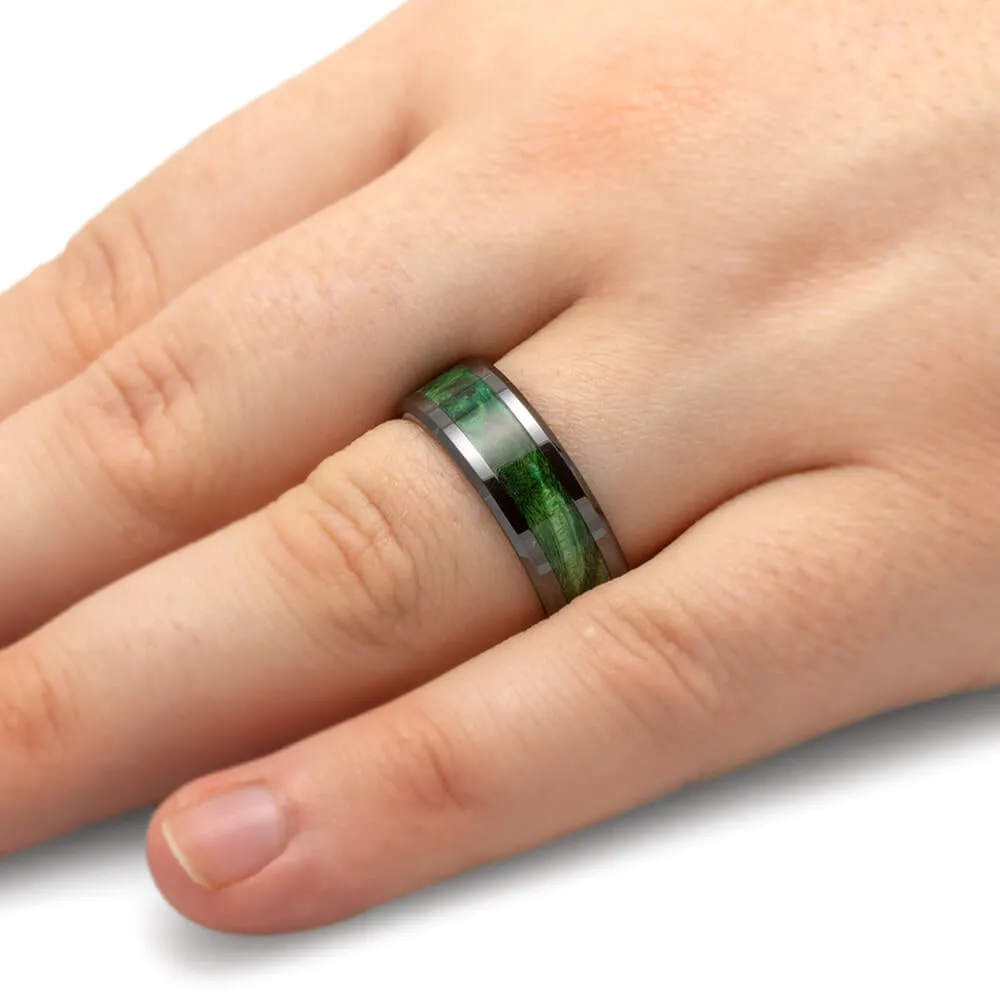 Green Burl Wood Wedding Band in Black Ceramic