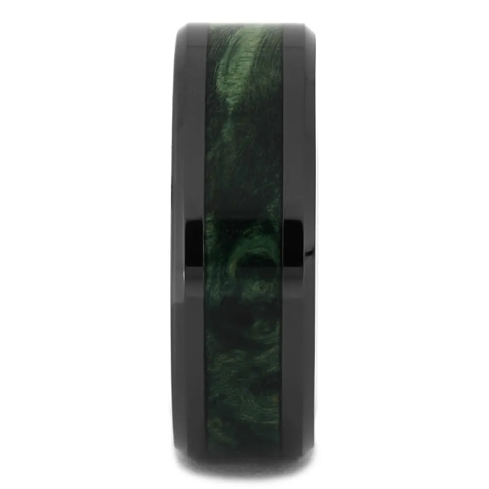 Green Burl Wood Wedding Band in Black Ceramic