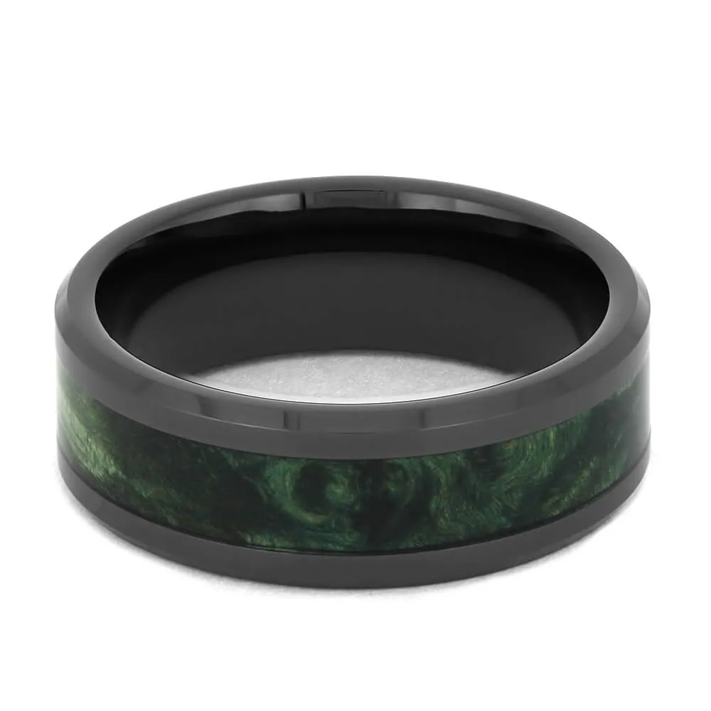Green Burl Wood Wedding Band in Black Ceramic