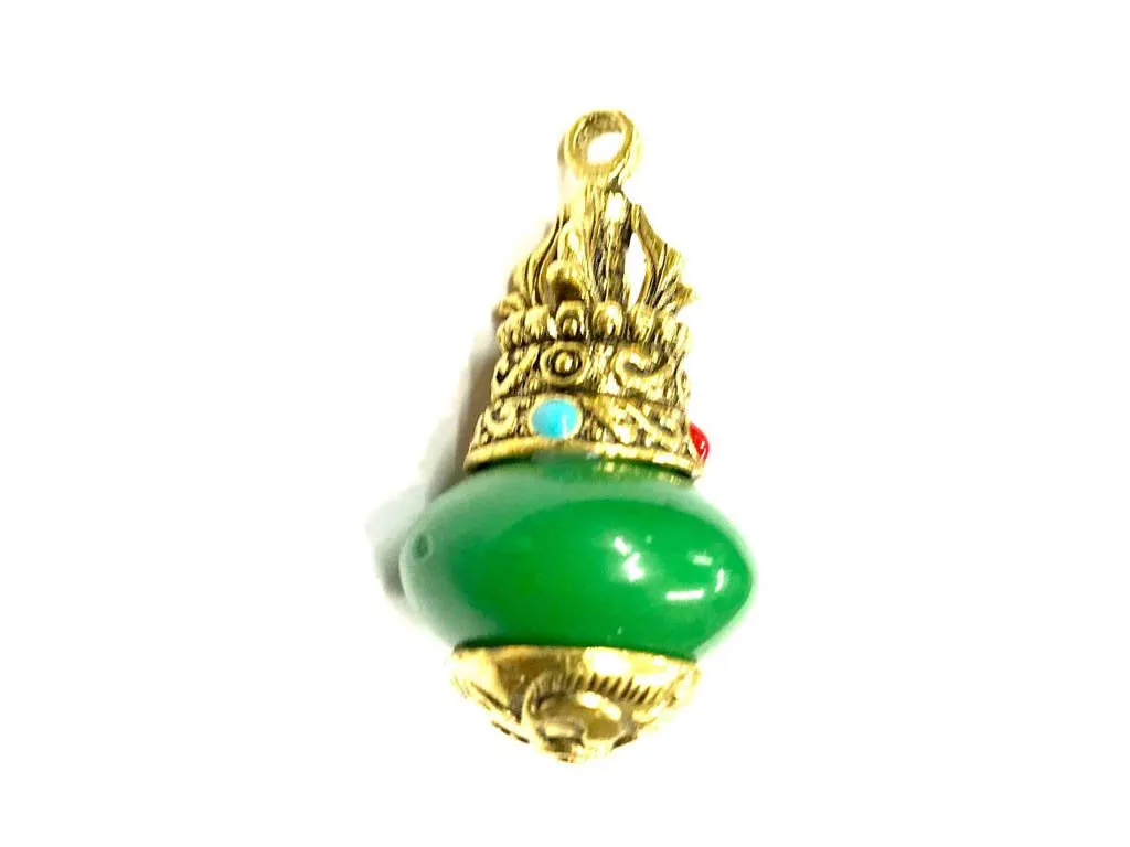 Green Round Stone Pendant with Designer Golden Cap
