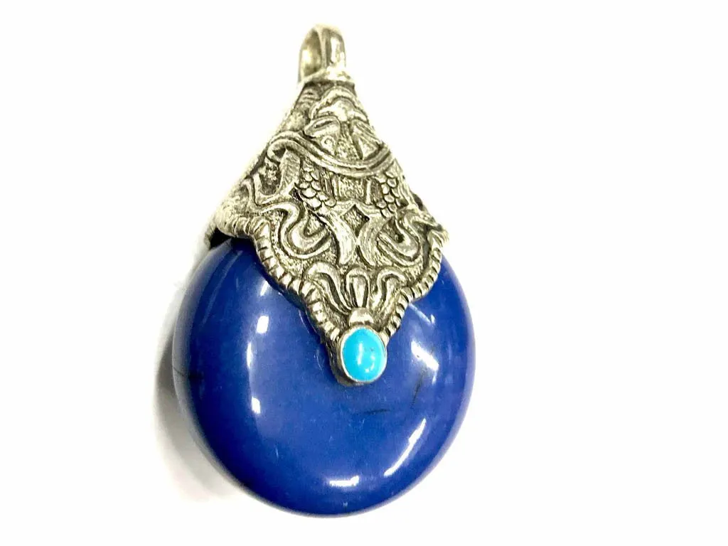 Ink Blue Circular Stone Pendant with Designer Silver Cap (42x27 mm)
