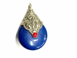 Ink Blue Circular Stone Pendant with Designer Silver Cap (42x27 mm)