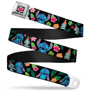 Lilo & Stitch Hibiscus Flower Full Color Black Pink Seatbelt Belt - Stitch & Scrump Poses/Tropical Flora Webbing