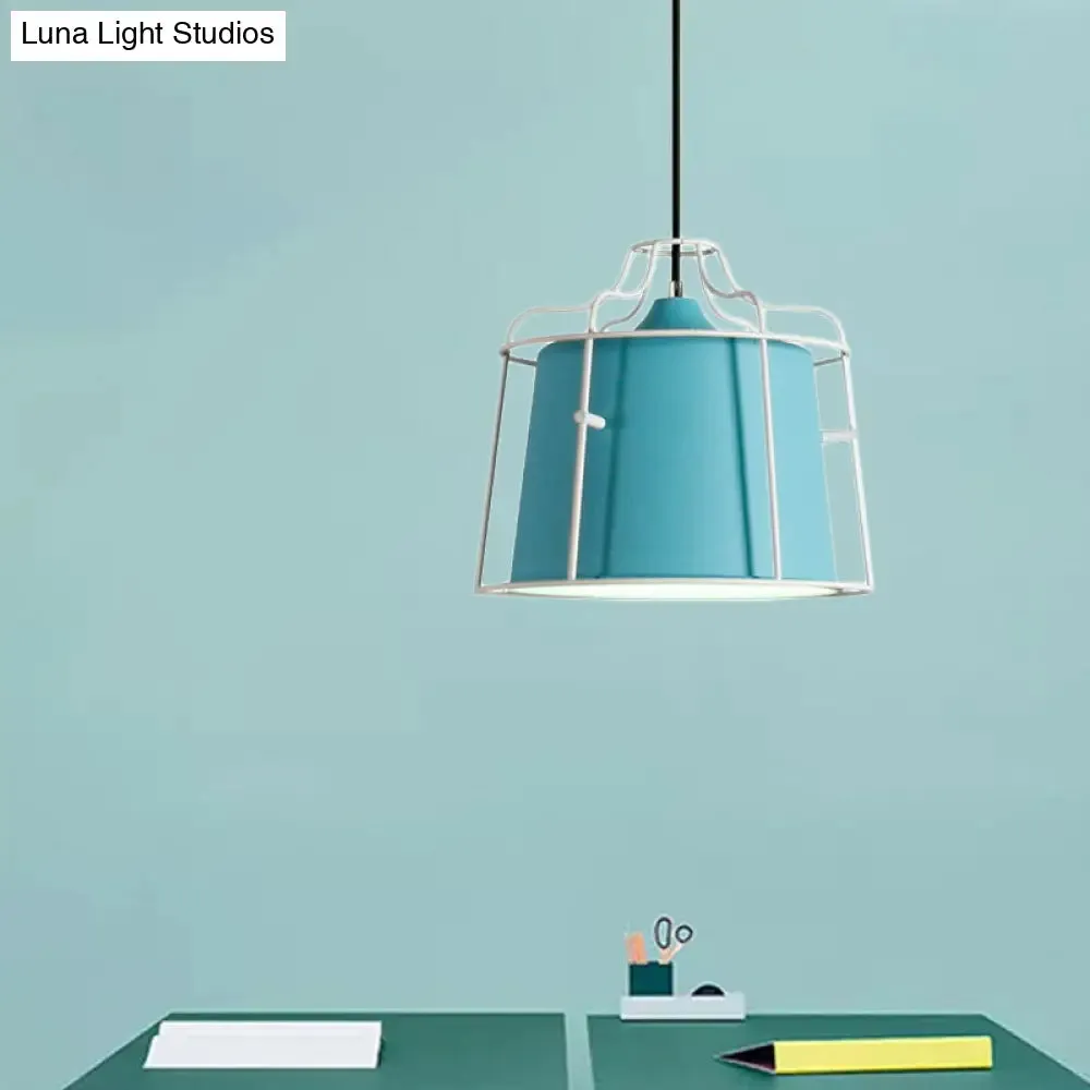 Modern Black/Blue Metal Pendant Light with Cage Shade - 1 Light Tapered Hanging Ceiling Lighting for Table