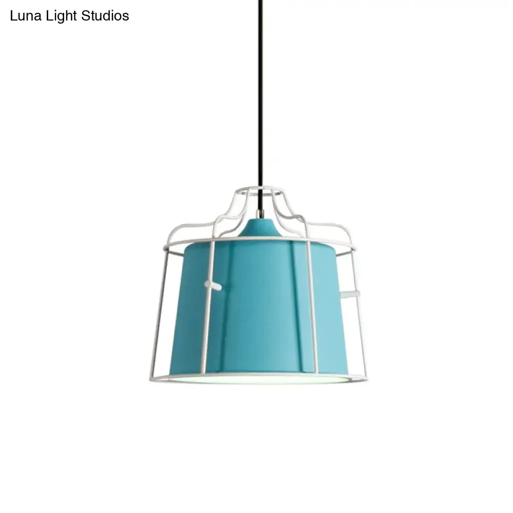 Modern Black/Blue Metal Pendant Light with Cage Shade - 1 Light Tapered Hanging Ceiling Lighting for Table