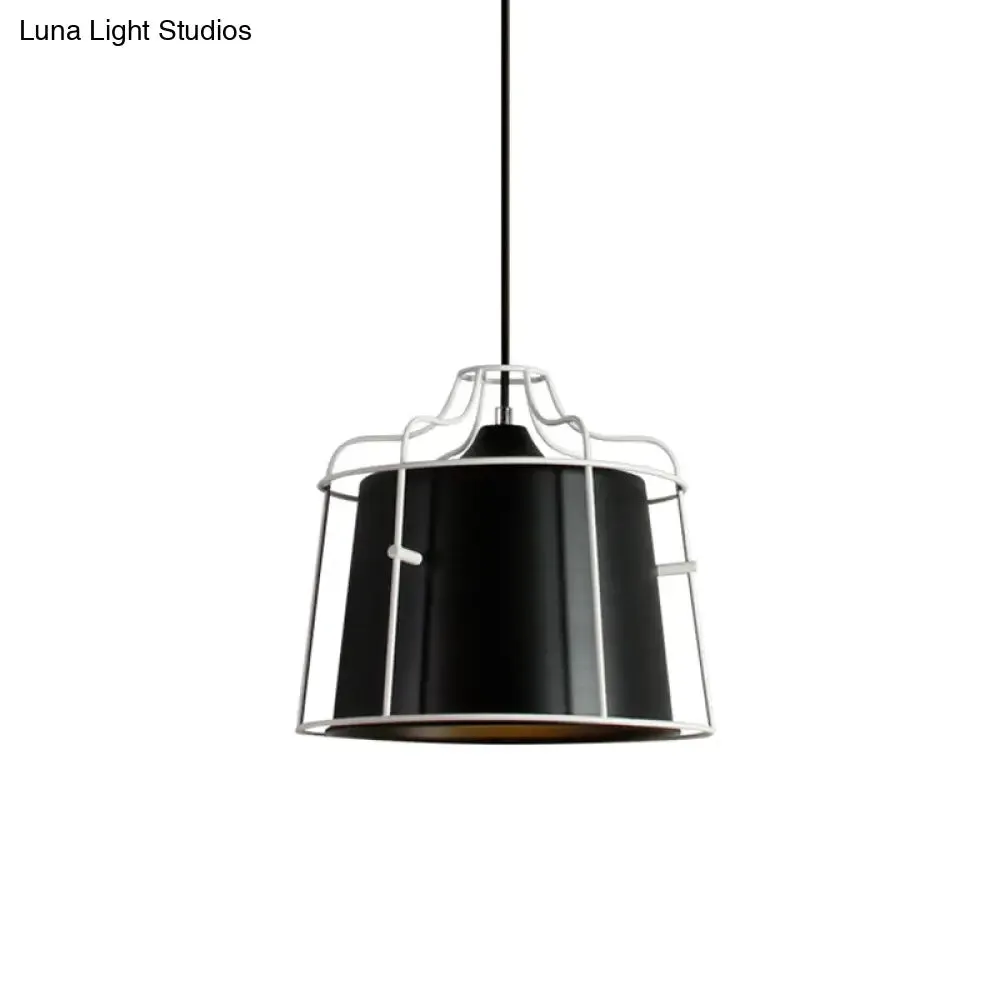 Modern Black/Blue Metal Pendant Light with Cage Shade - 1 Light Tapered Hanging Ceiling Lighting for Table