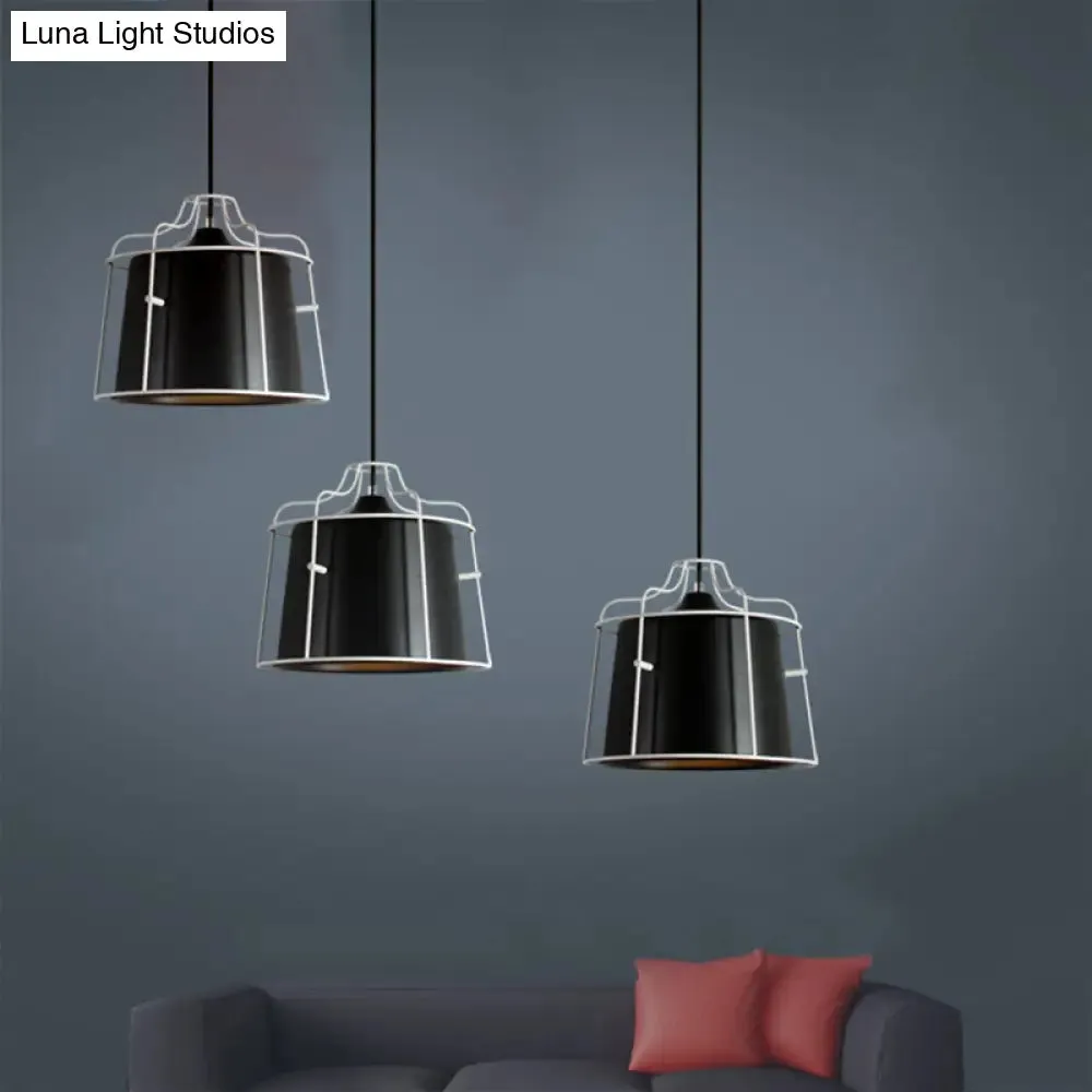 Modern Black/Blue Metal Pendant Light with Cage Shade - 1 Light Tapered Hanging Ceiling Lighting for Table