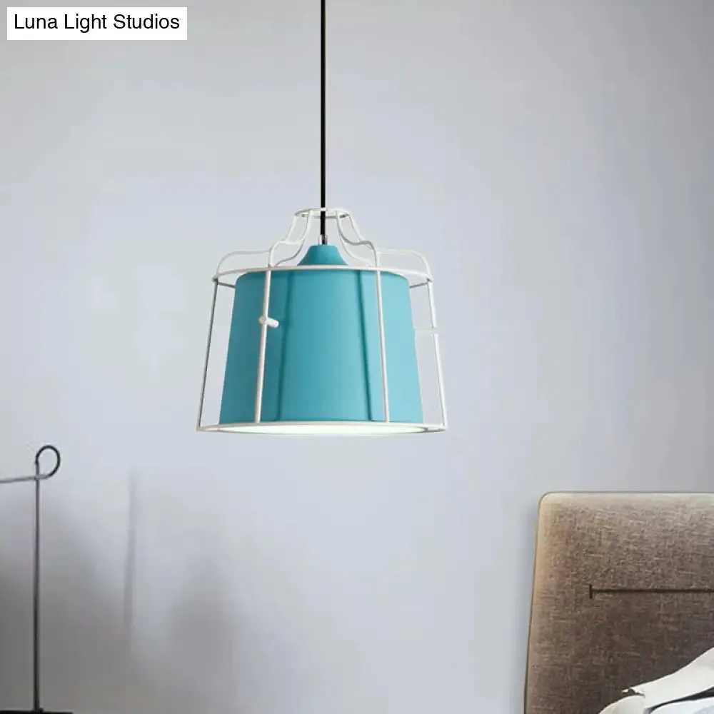 Modern Black/Blue Metal Pendant Light with Cage Shade - 1 Light Tapered Hanging Ceiling Lighting for Table