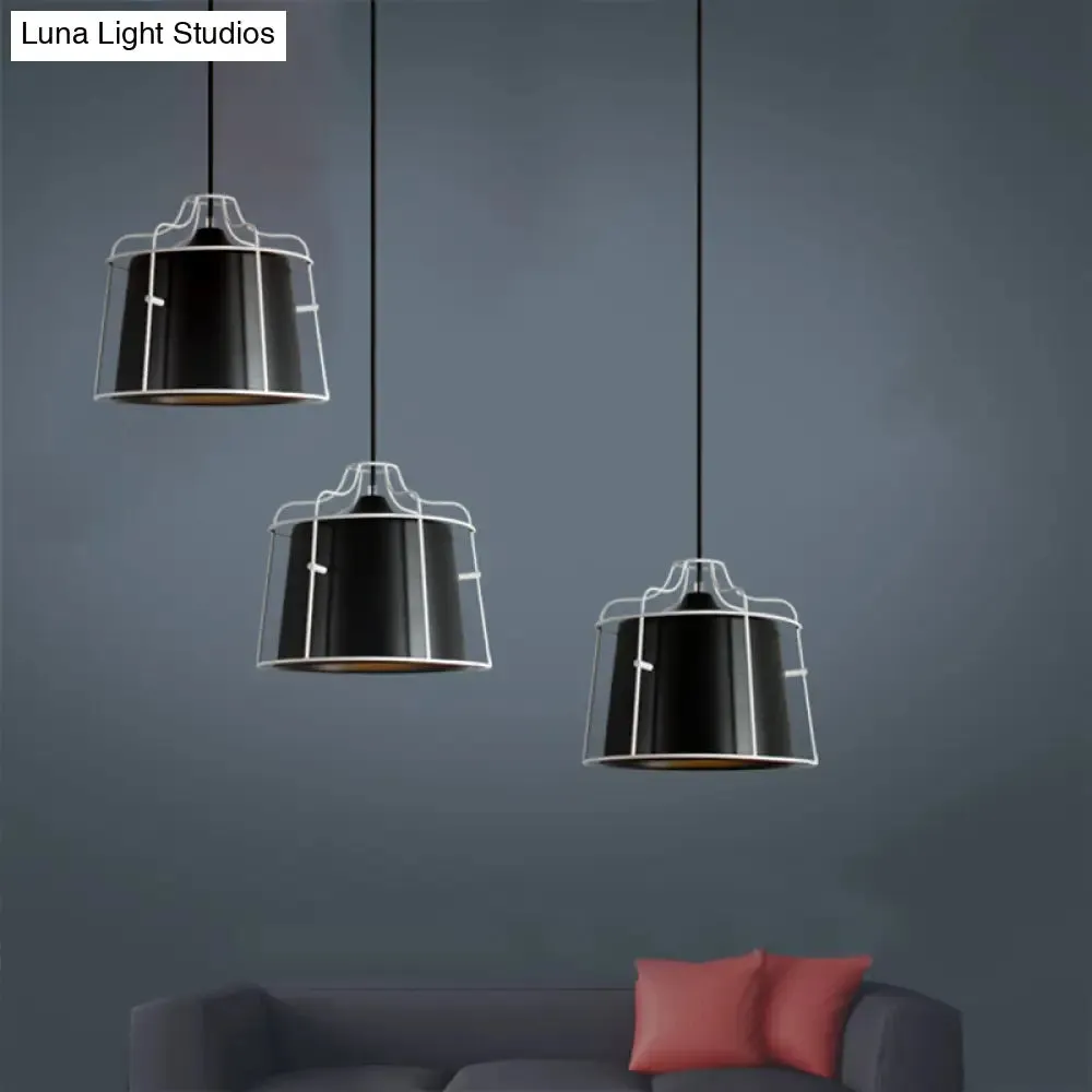 Modern Black/Blue Metal Pendant Light with Cage Shade - 1 Light Tapered Hanging Ceiling Lighting for Table