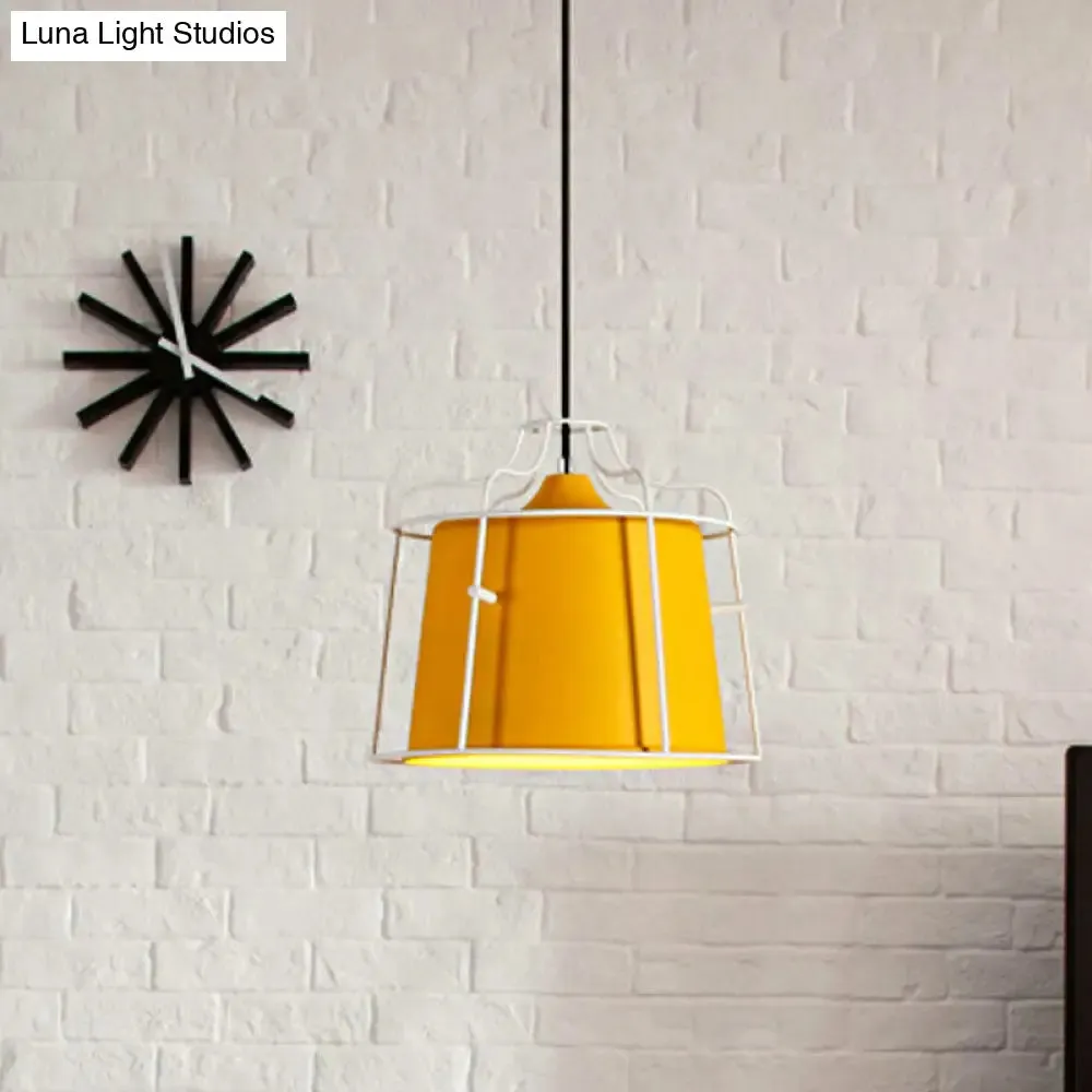 Modern Black/Blue Metal Pendant Light with Cage Shade - 1 Light Tapered Hanging Ceiling Lighting for Table