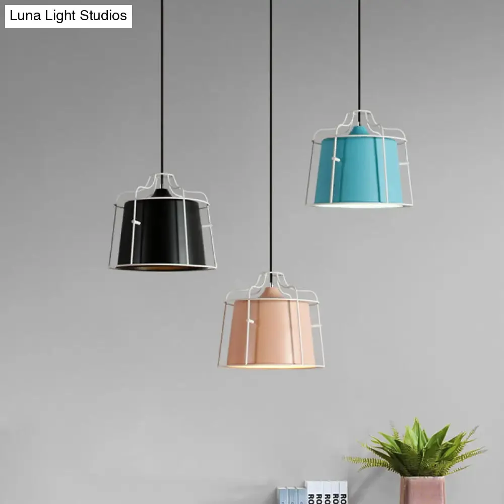 Modern Black/Blue Metal Pendant Light with Cage Shade - 1 Light Tapered Hanging Ceiling Lighting for Table