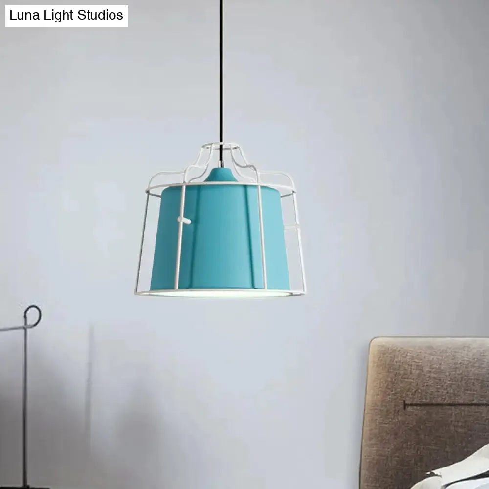 Modern Black/Blue Metal Pendant Light with Cage Shade - 1 Light Tapered Hanging Ceiling Lighting for Table