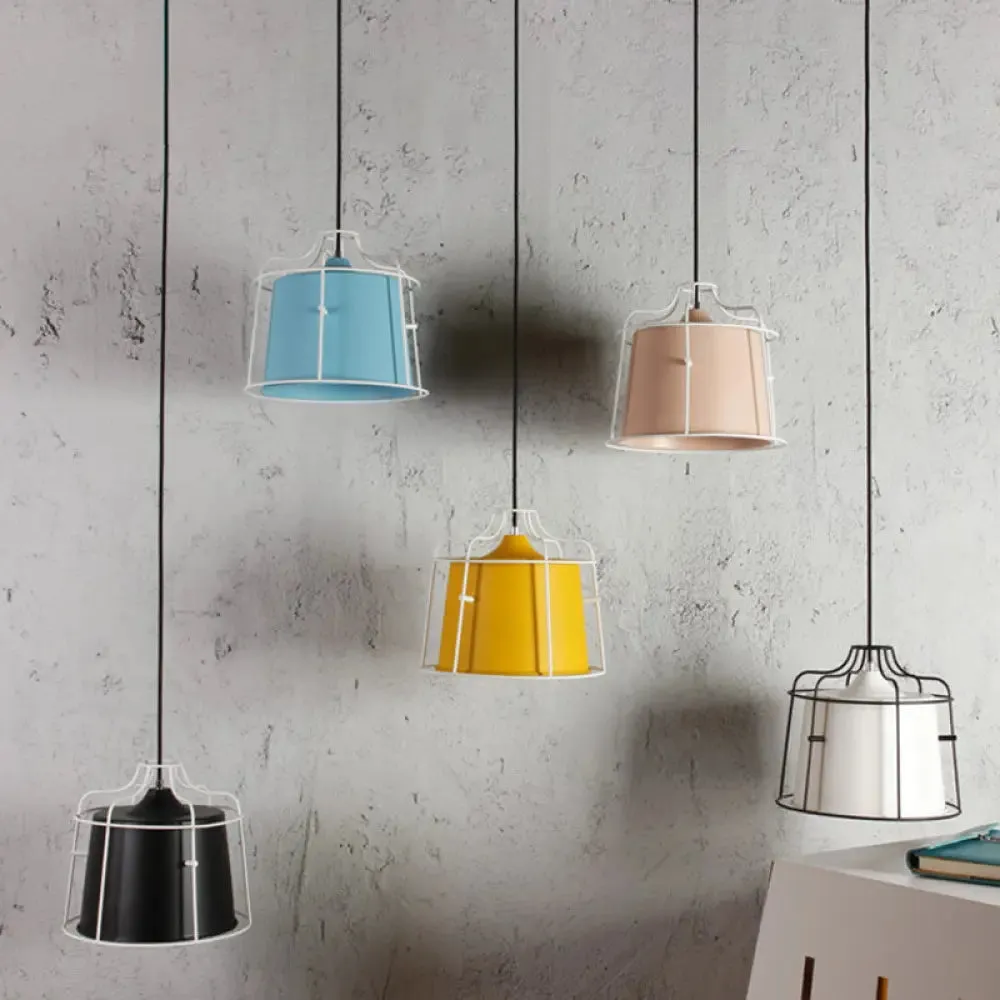 Modern Black/Blue Metal Pendant Light with Cage Shade - 1 Light Tapered Hanging Ceiling Lighting for Table