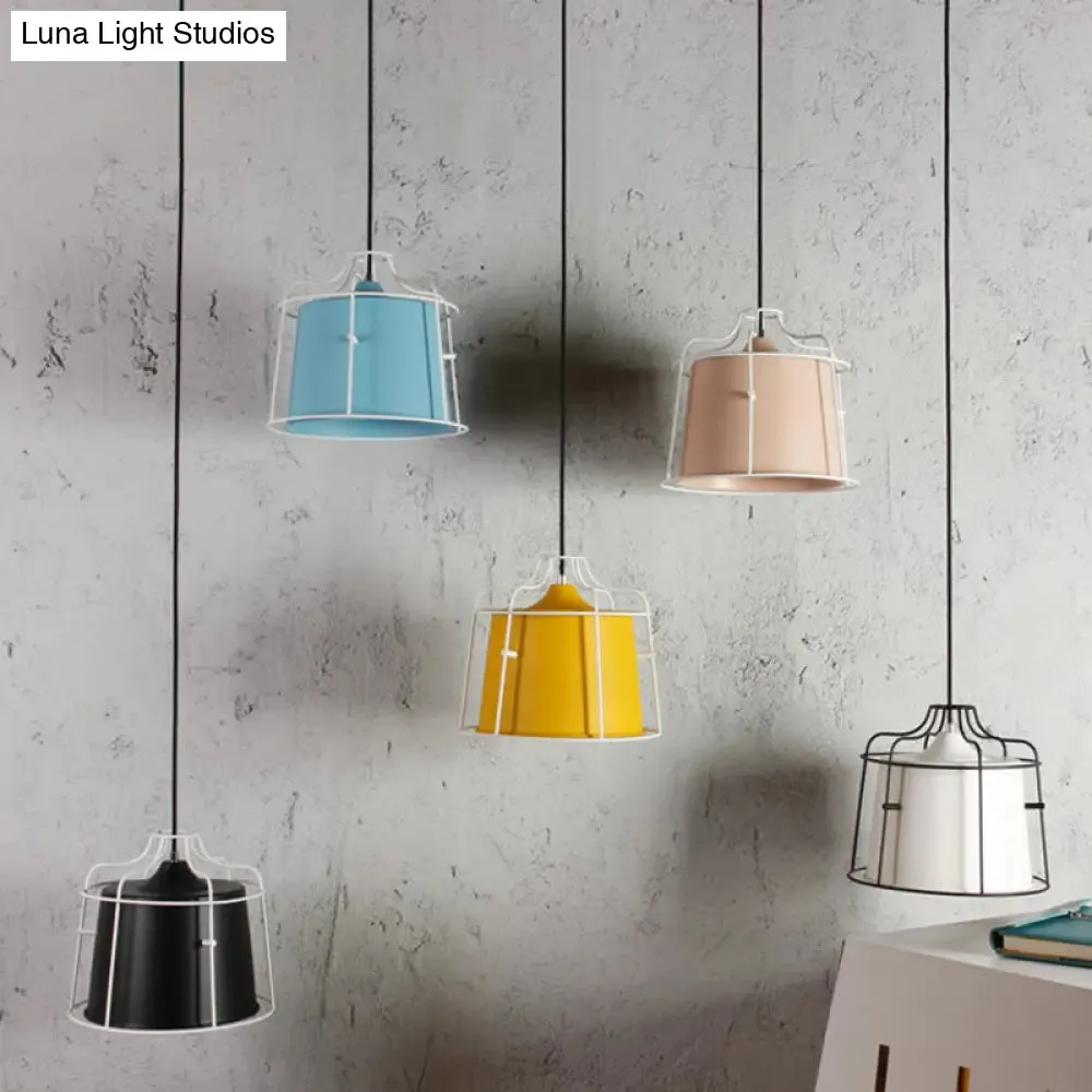 Modern Black/Blue Metal Pendant Light with Cage Shade - 1 Light Tapered Hanging Ceiling Lighting for Table
