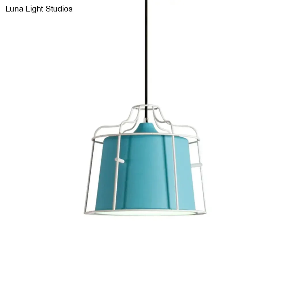 Modern Black/Blue Metal Pendant Light with Cage Shade - 1 Light Tapered Hanging Ceiling Lighting for Table