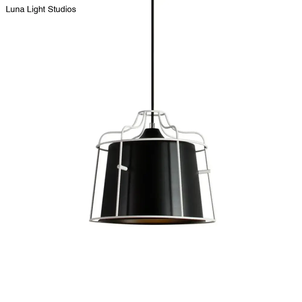 Modern Black/Blue Metal Pendant Light with Cage Shade - 1 Light Tapered Hanging Ceiling Lighting for Table