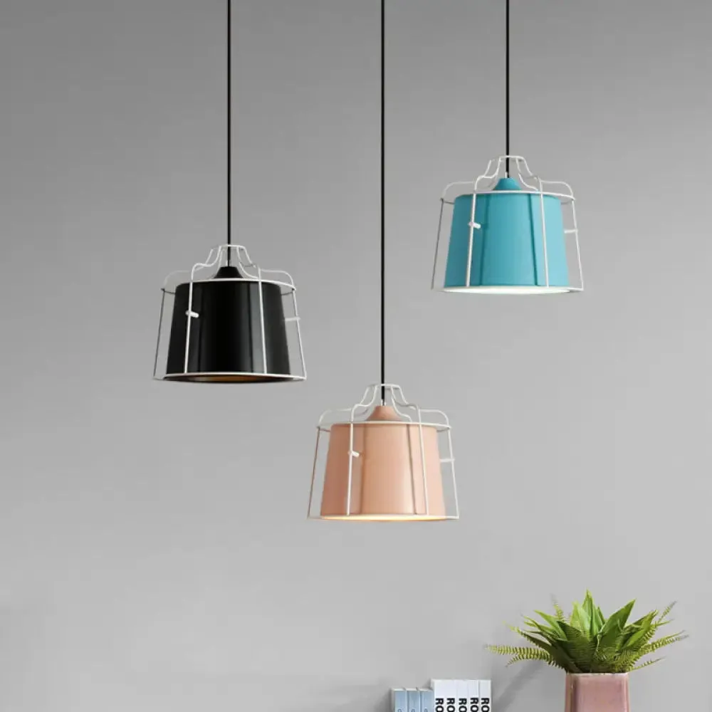 Modern Black/Blue Metal Pendant Light with Cage Shade - 1 Light Tapered Hanging Ceiling Lighting for Table
