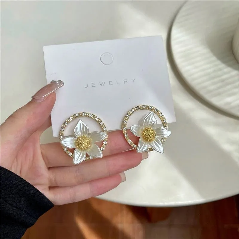 Necklaces Earrings Charm Jewelry Set White Flower Sweet Crystal LJY0941