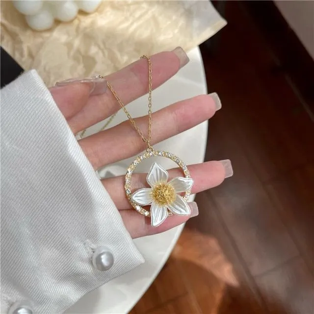 Necklaces Earrings Charm Jewelry Set White Flower Sweet Crystal LJY0941