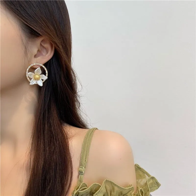 Necklaces Earrings Charm Jewelry Set White Flower Sweet Crystal LJY0941