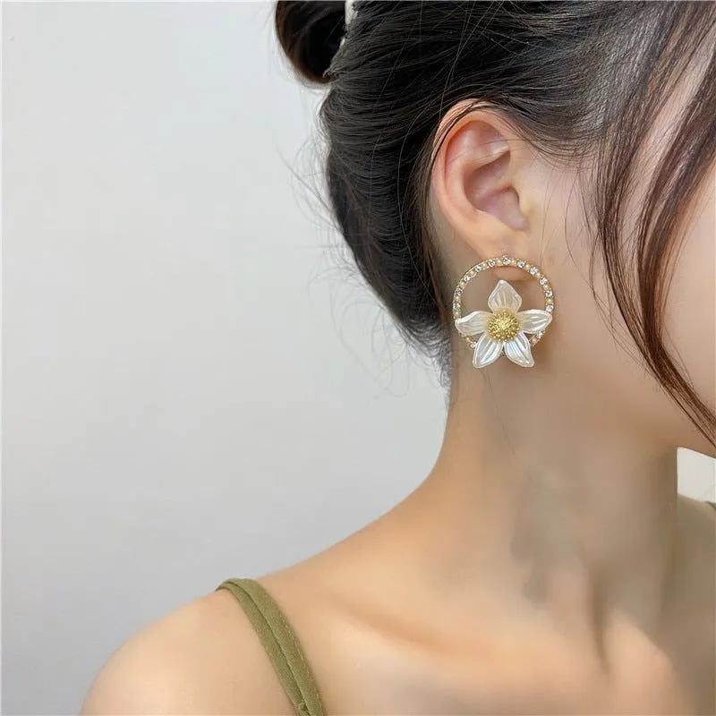 Necklaces Earrings Charm Jewelry Set White Flower Sweet Crystal LJY0941