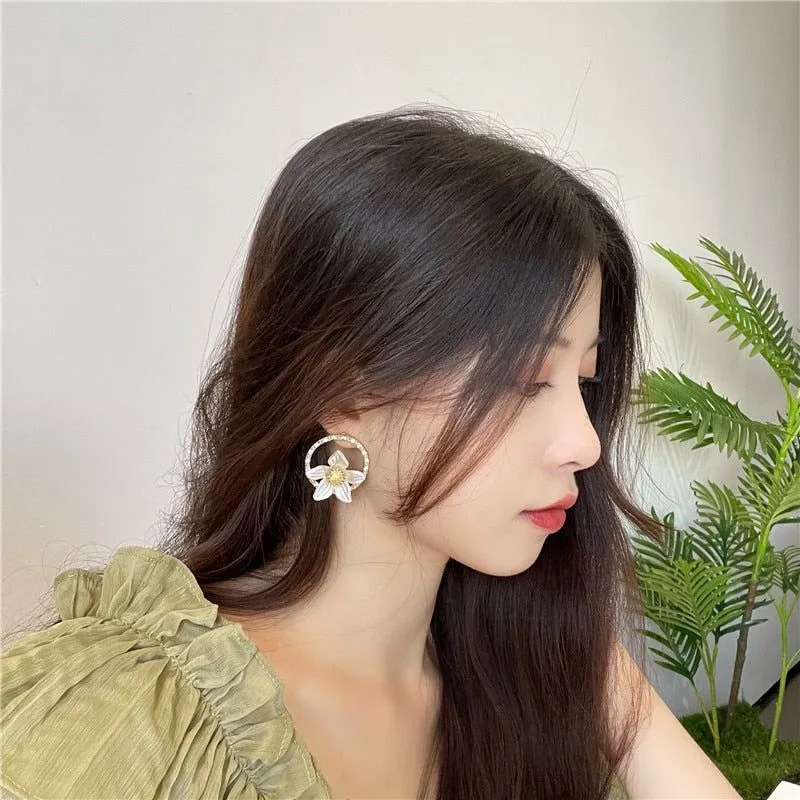Necklaces Earrings Charm Jewelry Set White Flower Sweet Crystal LJY0941