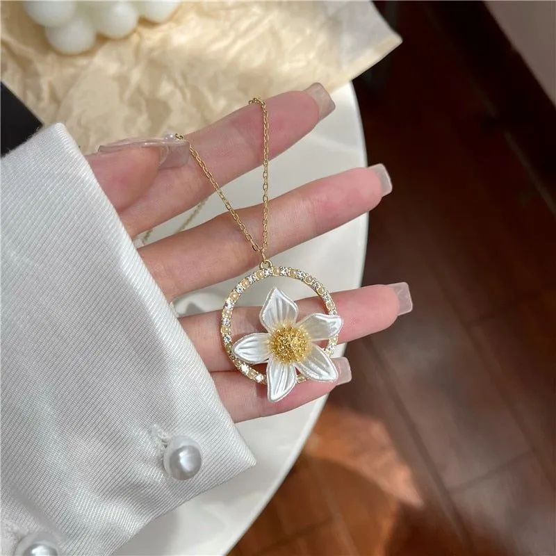Necklaces Earrings Charm Jewelry Set White Flower Sweet Crystal LJY0941