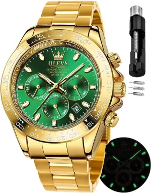 OLEVS Gold Watches for Men Automatic Self Winding Luxury Waterproof Watch Calendar Stainless Steel Business Luminous Men's Wrist Watch