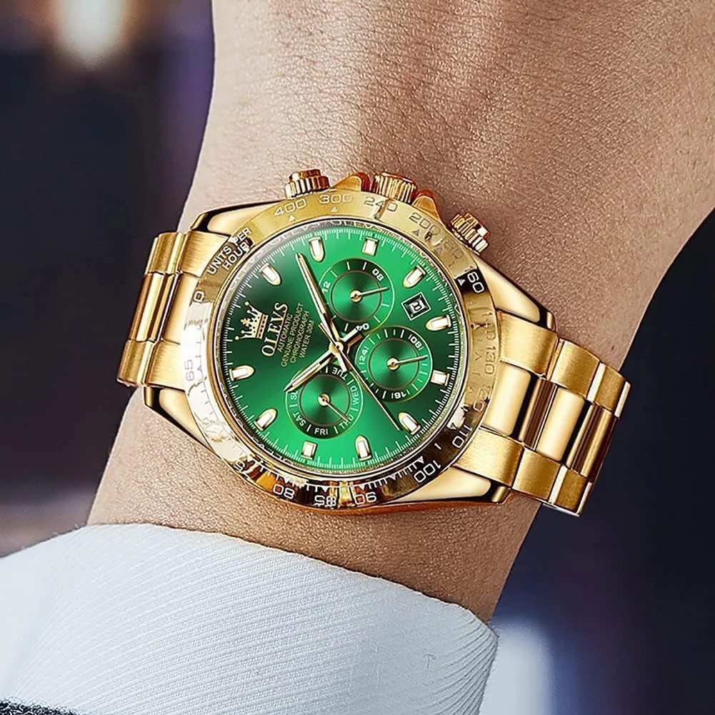 OLEVS Gold Watches for Men Automatic Self Winding Luxury Waterproof Watch Calendar Stainless Steel Business Luminous Men's Wrist Watch