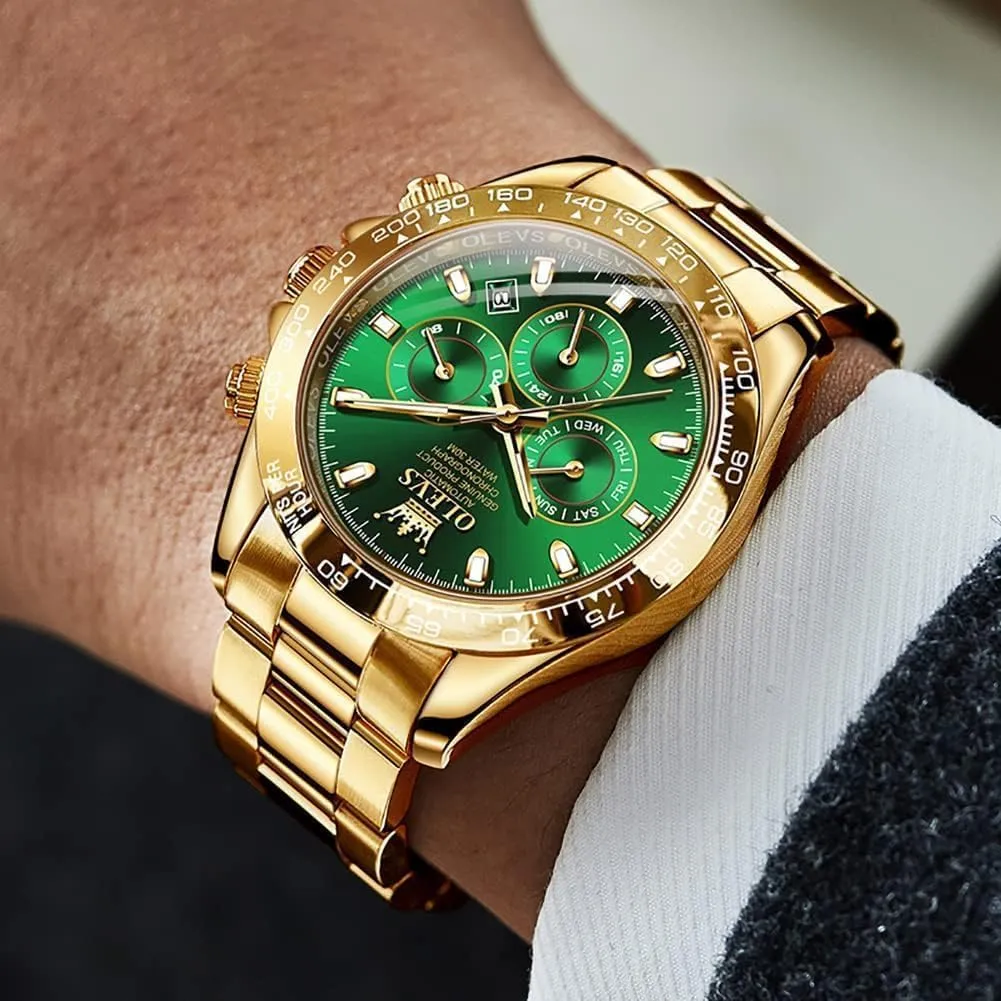 OLEVS Gold Watches for Men Automatic Self Winding Luxury Waterproof Watch Calendar Stainless Steel Business Luminous Men's Wrist Watch