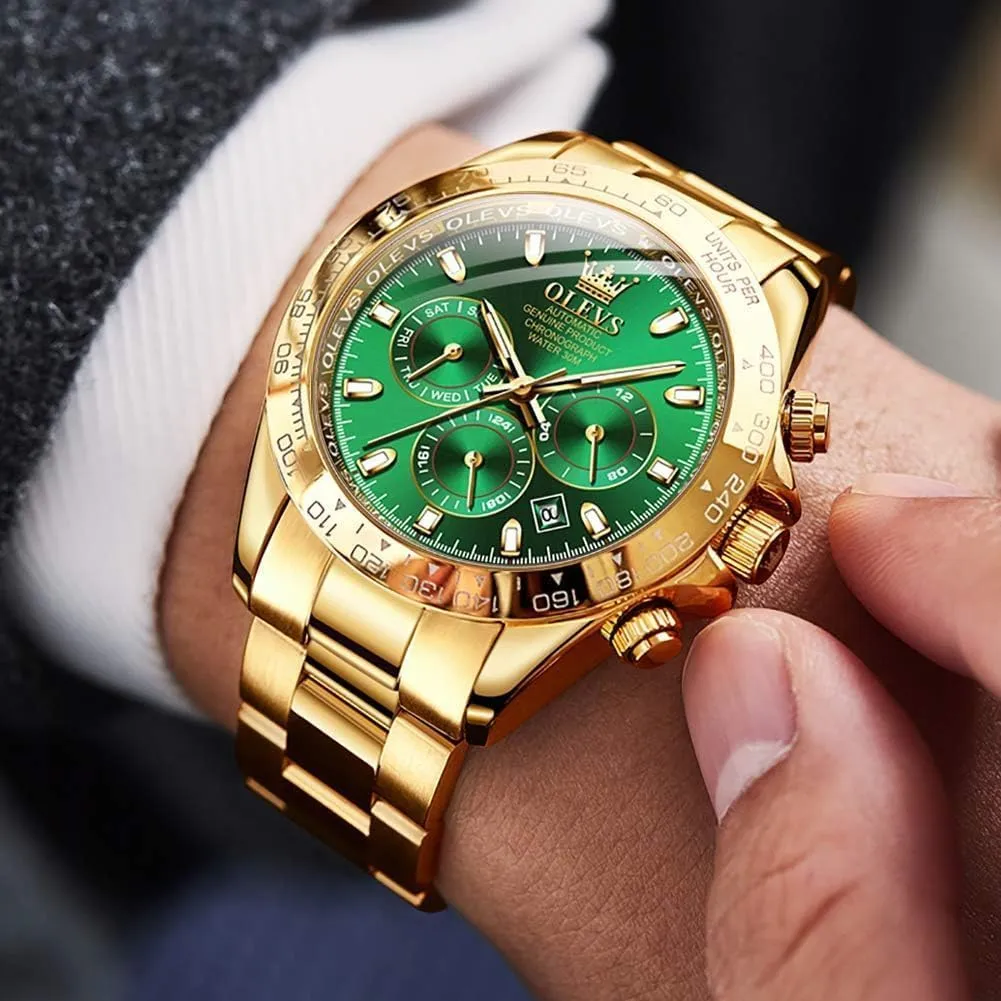 OLEVS Gold Watches for Men Automatic Self Winding Luxury Waterproof Watch Calendar Stainless Steel Business Luminous Men's Wrist Watch