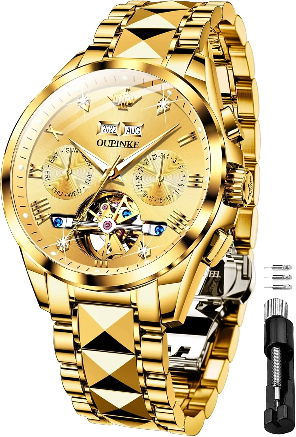 OUPINKE Black Men Automatic Mechanical Wrist Watches Luxury Dress Tungsten Steel Luminous Waterproof Sapphire Diamond Calendar Best Gifts Men