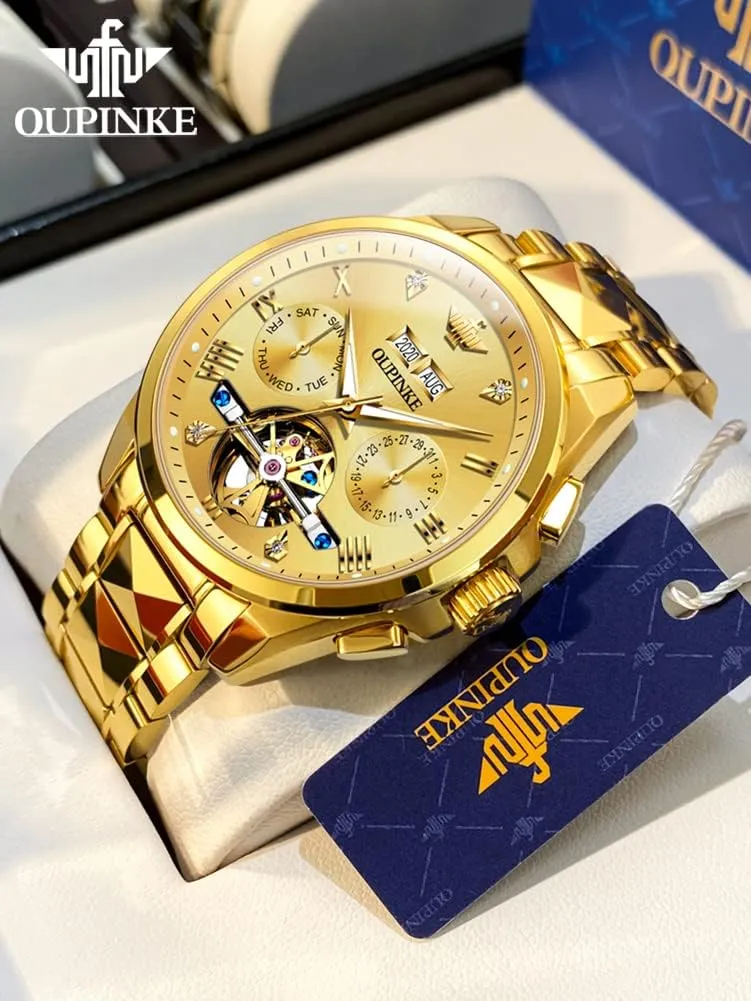 OUPINKE Black Men Automatic Mechanical Wrist Watches Luxury Dress Tungsten Steel Luminous Waterproof Sapphire Diamond Calendar Best Gifts Men