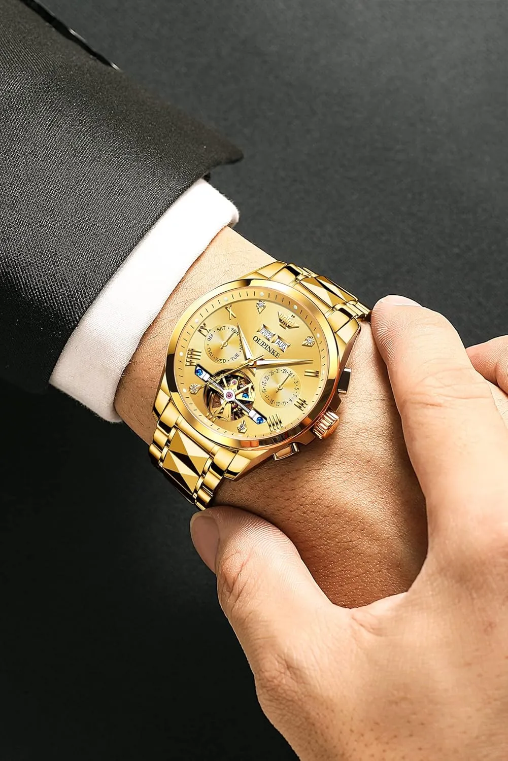 OUPINKE Black Men Automatic Mechanical Wrist Watches Luxury Dress Tungsten Steel Luminous Waterproof Sapphire Diamond Calendar Best Gifts Men