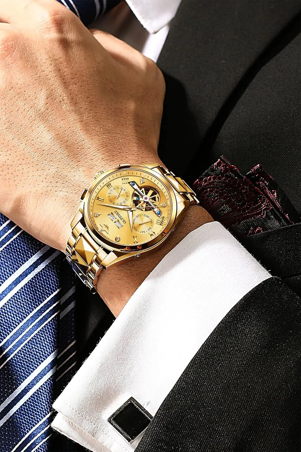 OUPINKE Black Men Automatic Mechanical Wrist Watches Luxury Dress Tungsten Steel Luminous Waterproof Sapphire Diamond Calendar Best Gifts Men