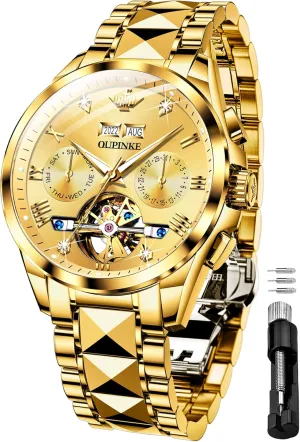 OUPINKE Black Men Automatic Mechanical Wrist Watches Luxury Dress Tungsten Steel Luminous Waterproof Sapphire Diamond Calendar Best Gifts Men
