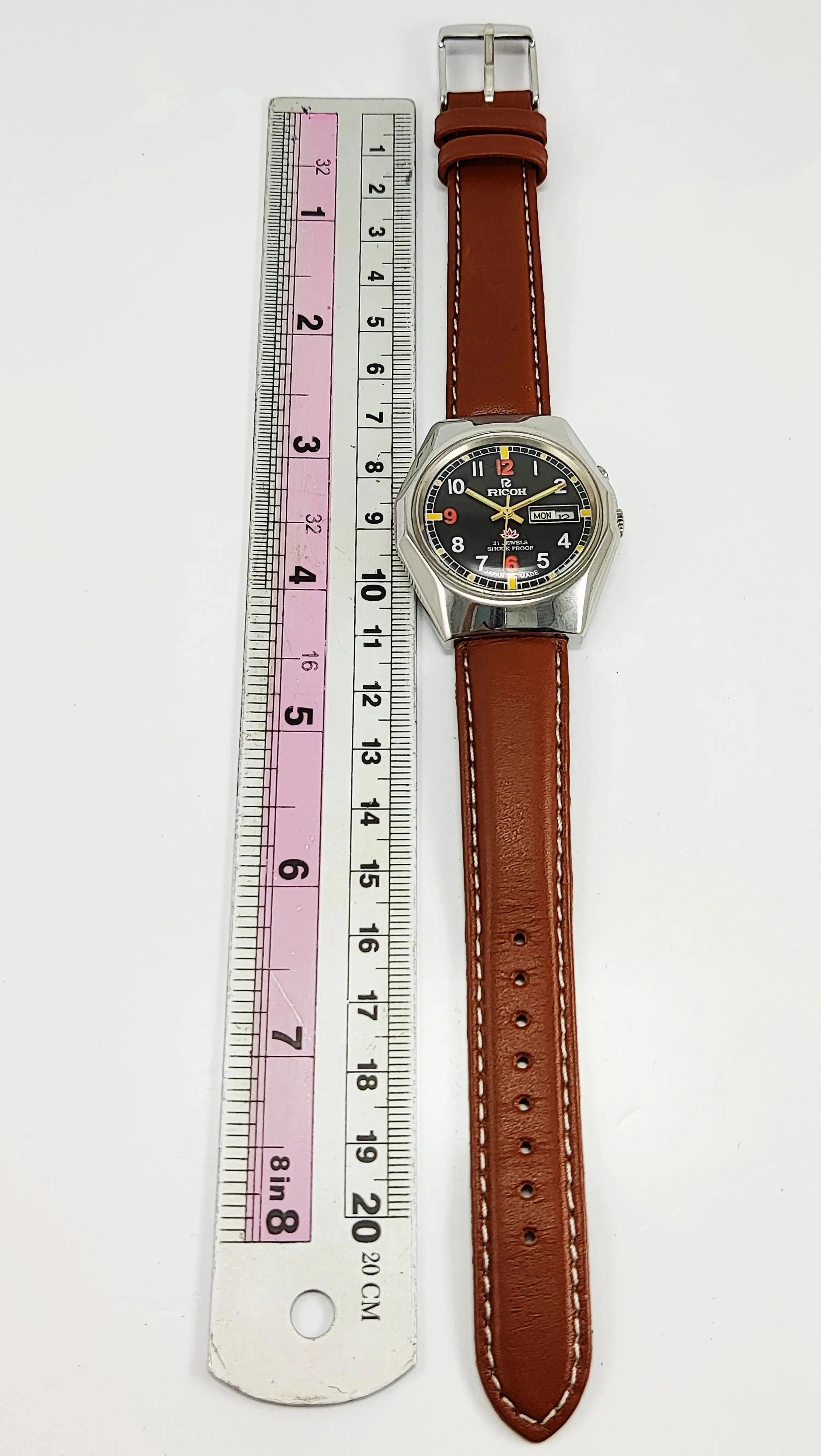 Ricoh Black Dial Auto-Movement 21 Jewels-R31 Day-Date Function Japan Made Men's Wrist Mechanical Watch Model No-R31