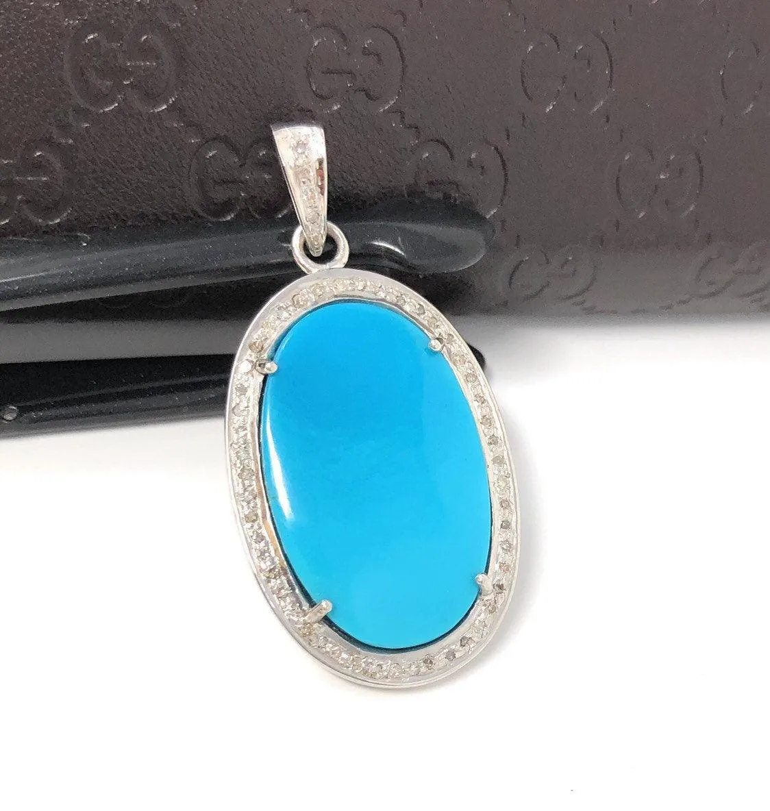 Sleeping Beauty Arizona Turquoise Pendant, Sterling Silver Diamond Pen