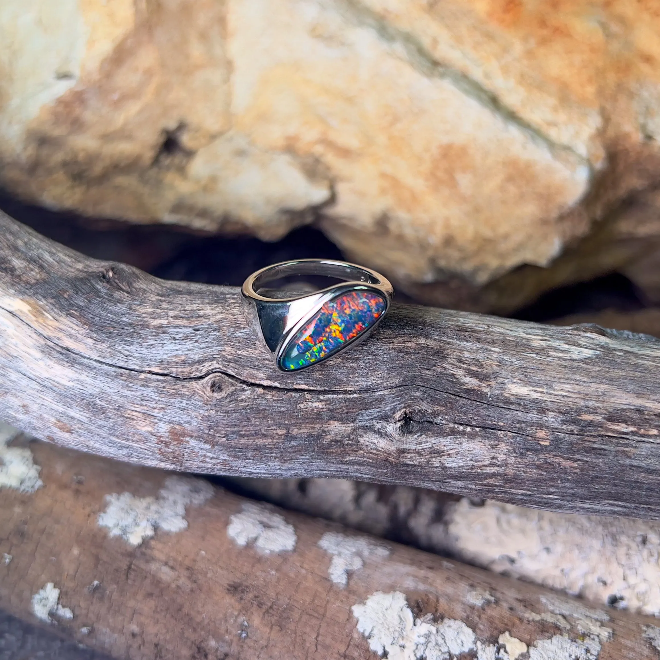 Sterling Silver shaped mens thin band with Opal triplet ring